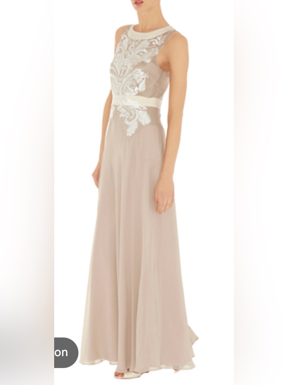 Karen Millen Beige Silk Maxi Dress with White Lace & Bead Accent B133 - Picture 2 of 9